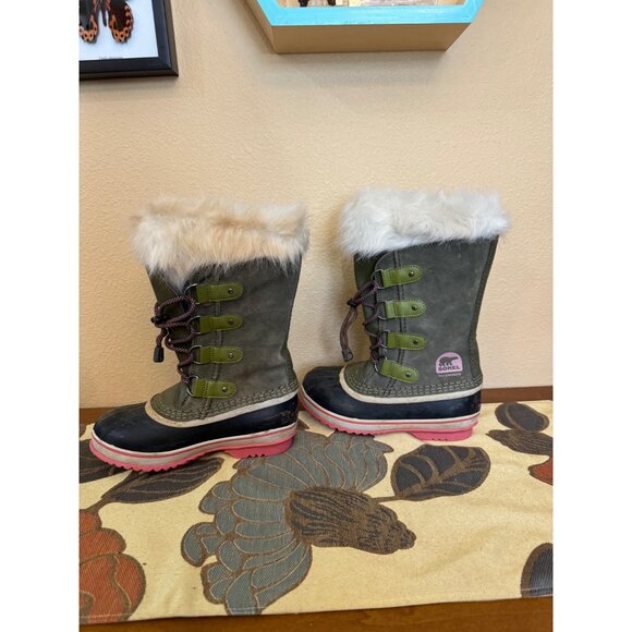 Sorel Girls' Winter Boots Olive Green Pink Faux Fur Lined Waterproof Size 2 - Picture 3 of 8